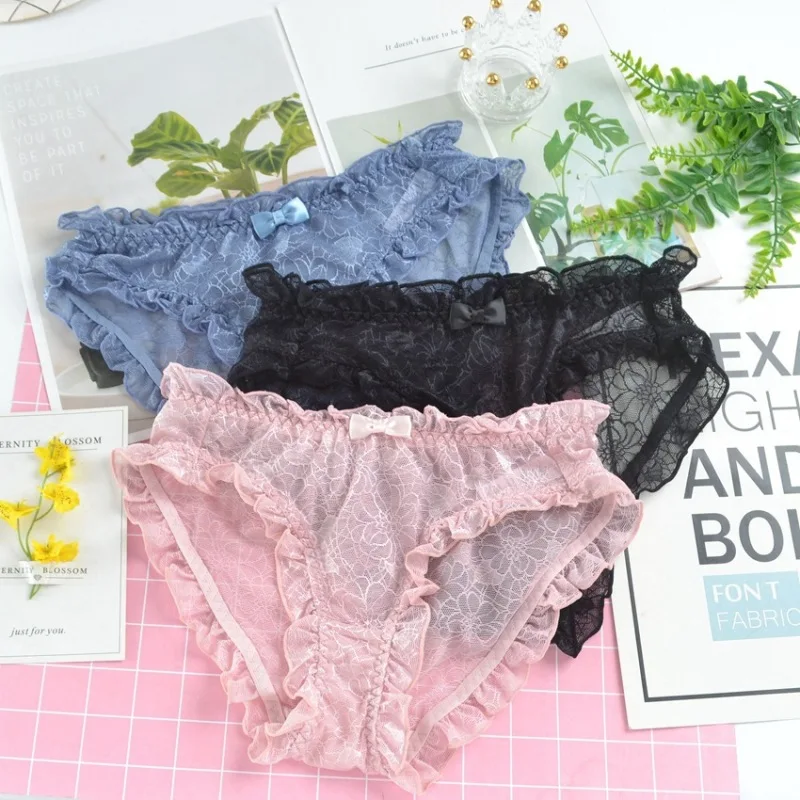 

Women Sexy Lace Hollow Transparent Underwear Mesh Breathable Jacquard Ruffle Side Female Exquisite Panties Summer Soft Breifs