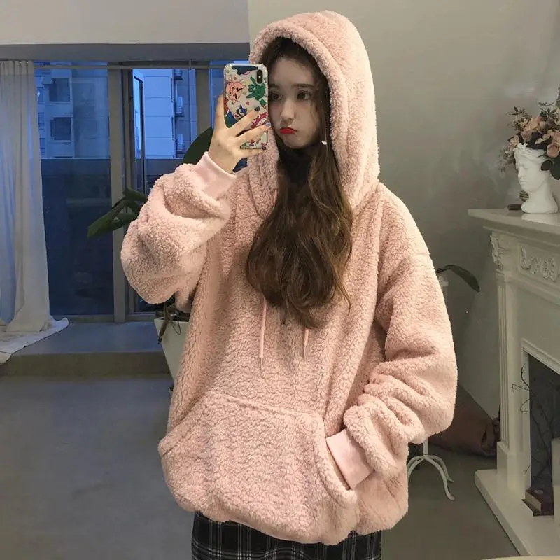 Новинка 2020 Корейская толстовка женская флисовая с длинным рукавом теплая