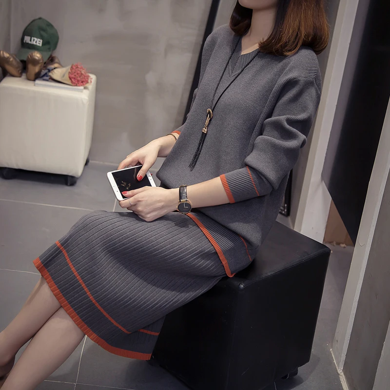 Вязаный свитер платье пуловер Женская зимняя одежда негабаритный осень 2019 v шеи