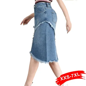 Длинная джинсовая юбка, винтажная голубая уличная юбка средней длины с эластичным поясом и бахромой, модель 5Xl, лето размера плюс
