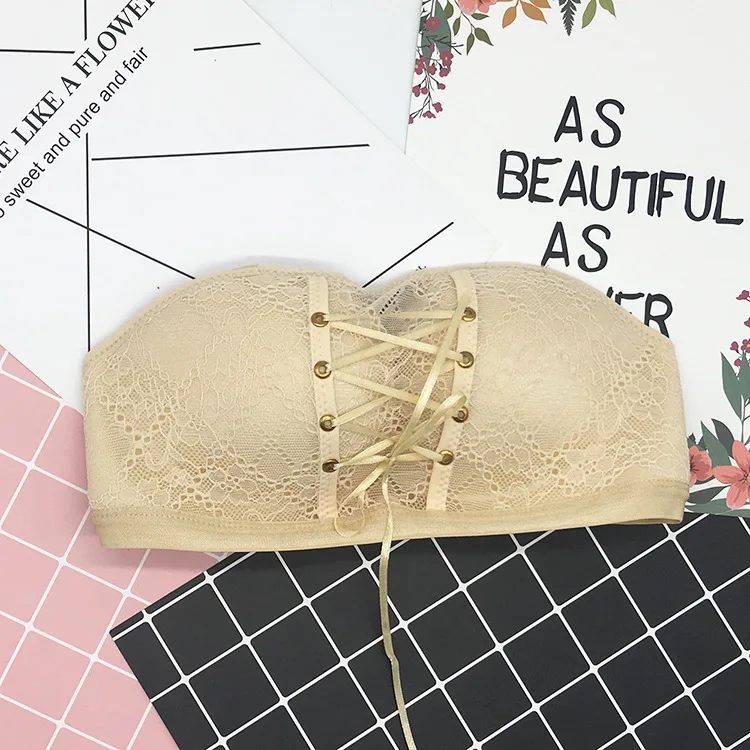 Via Lace Strapless Bra Non-slip Gathering Invisible Underwear Women's Chest Sticker Sexy No Steel Ring Tube Top Wrap Bra