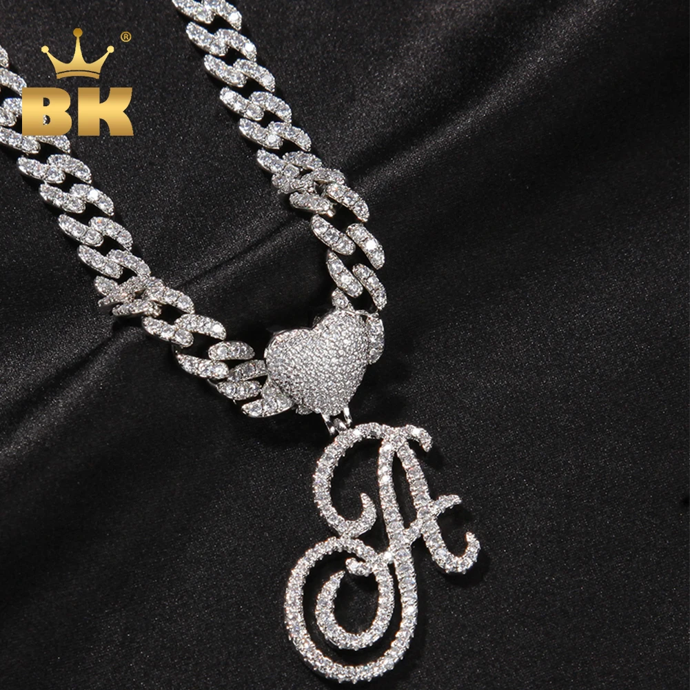 

THE BLING KING Cursive Letter A-Z Name Pendant With Lovely Heart Clasp Iced Out CZ Pendant Charm Choker Necklace Hiphop Jewelry