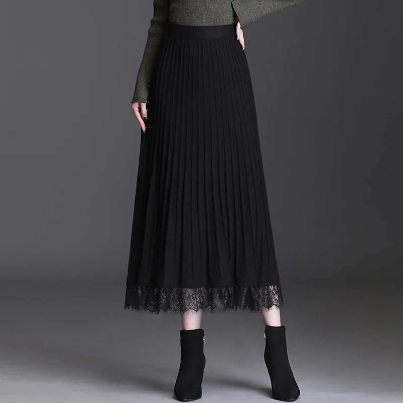 

Женская длинная юбка с высокой талией, черная плиссированная вязаная элегантная Свободная юбка с высокой талией на осень и зиму, S843