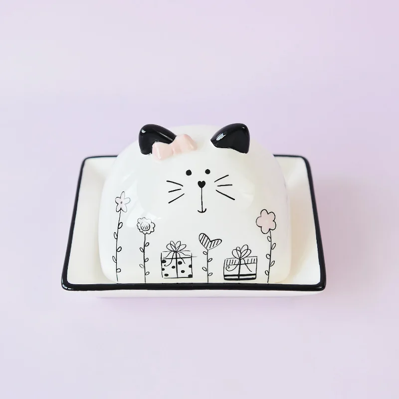 

France romantic cute cat cartoon European black and white ceramic butter butterfly kitchen storage box home tea set decoration.