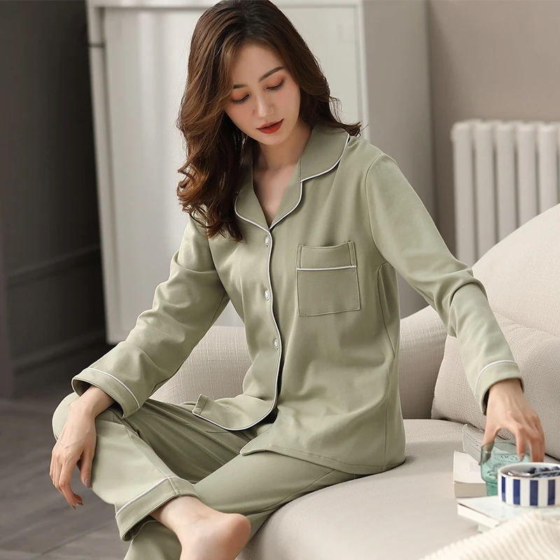 2020 Women's 100% Cotton Solid White Pajamas Set Autumn&Winter 2 Pcs Set Warm Sleepwear Nightgown Ladies Home Lounge Clothes
