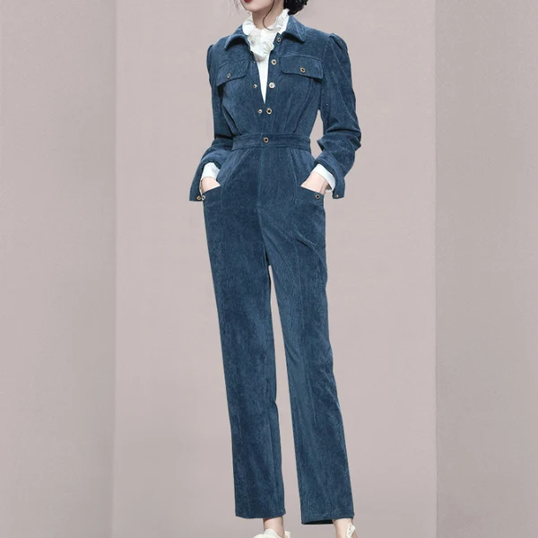 Женский вельветовый комбинезон винтажный элегантный длинный с отложным