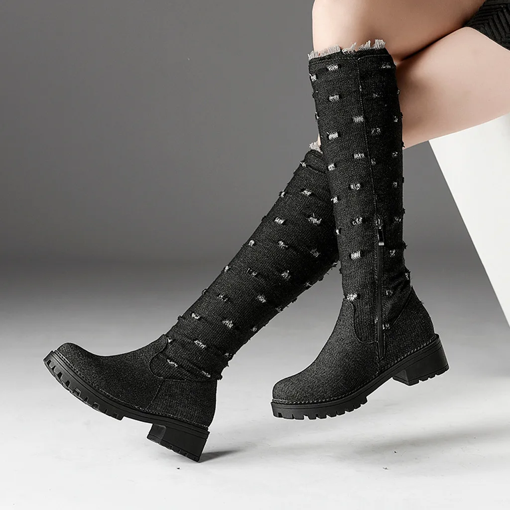 

shoes woman winter boots women Women Fashion Round Toe Thick Heel Casual Shoe Zipper Denim Mid-Calf Long Boots