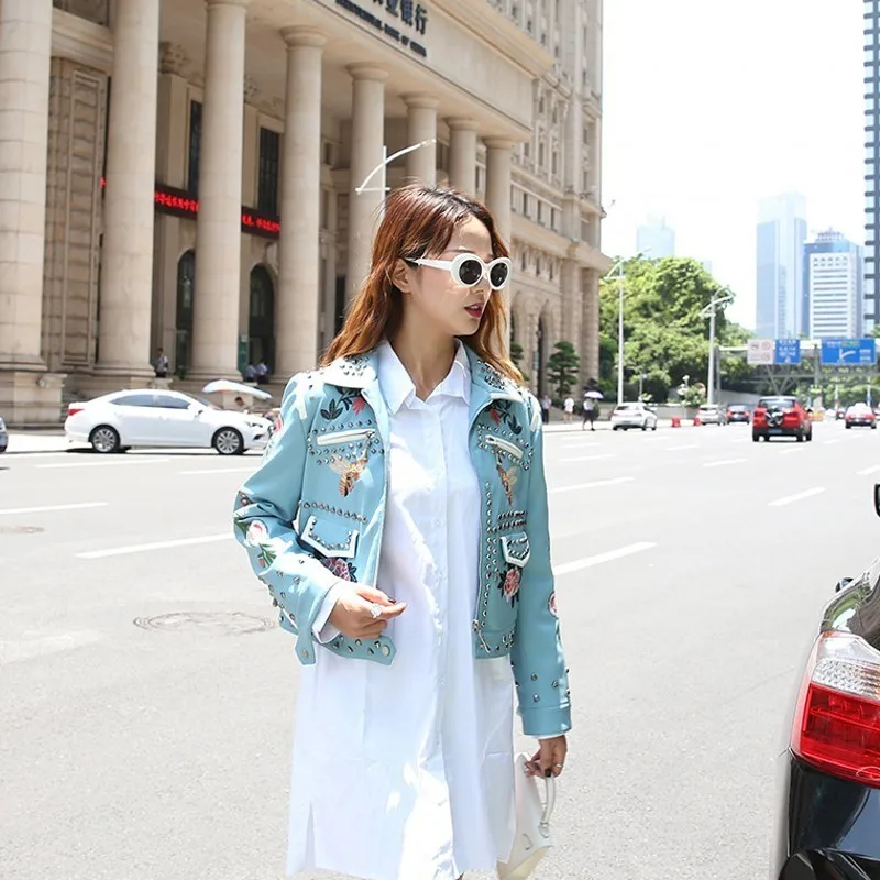 Designer Autumn Winter Slim Fit Womens PU Leather Jackets High Street Rivet Embroidery Moto Biker Female Short Coats Plus Size | Женская