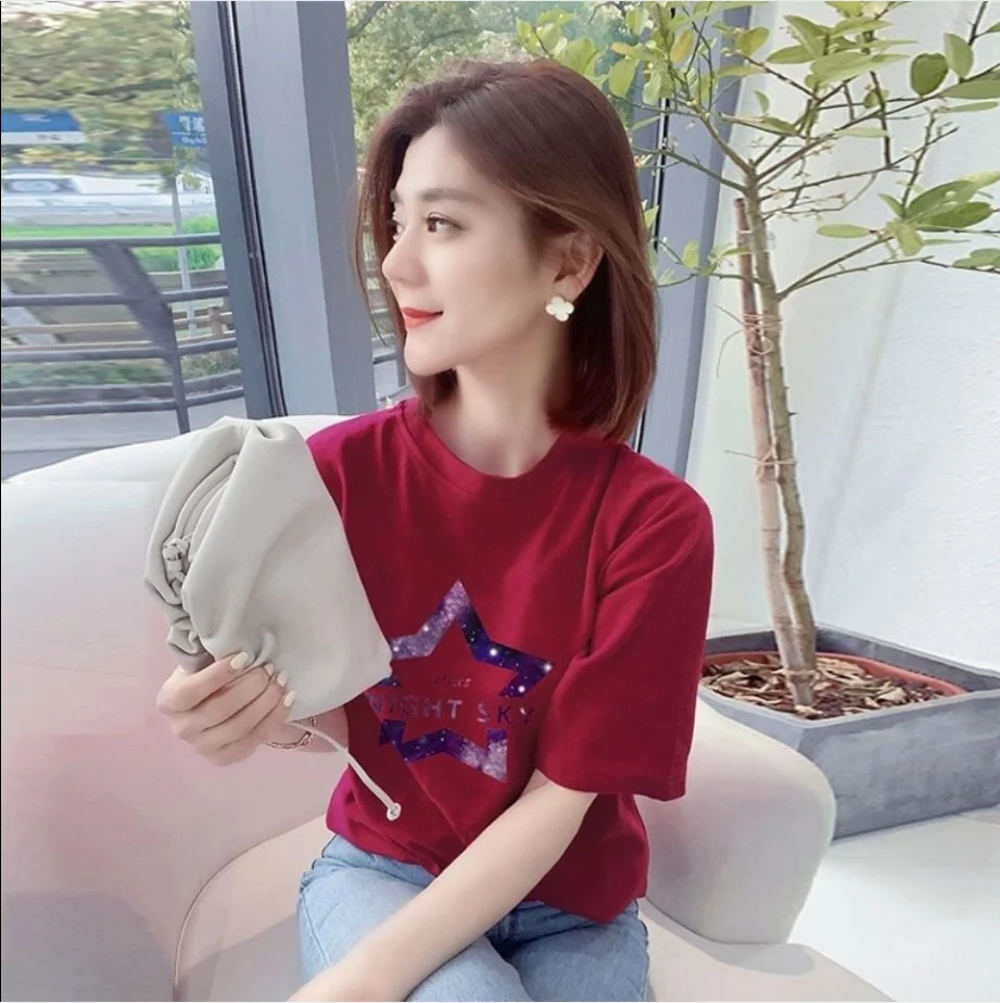 

2021 new black short sleeve T-shirt casual print top