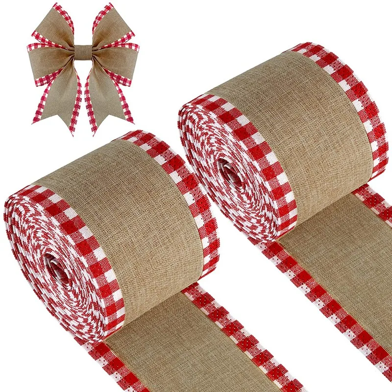 

2 Rolls Buffalo Plaid Wired Edge Ribbons Christmas Imitate Burlap Fabric Craft Wrapping Ribbon Rolls with Checkered Edge