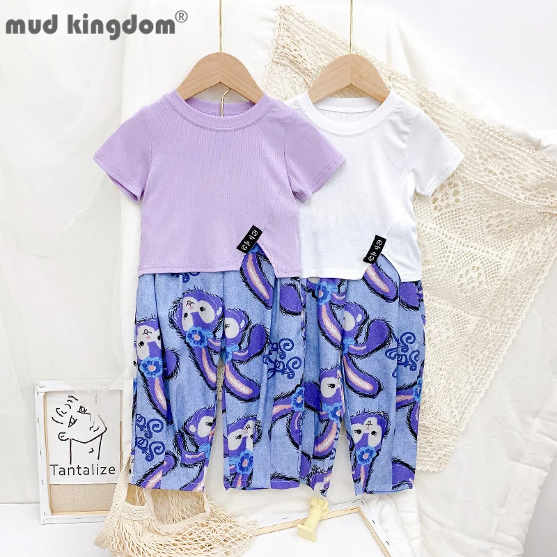 

Mudkingdom T-shirts Pants Sets Mother Daughter Family Matching Clothes Summer Casual Letter Tops Cartoons Loose Trousers Outfits