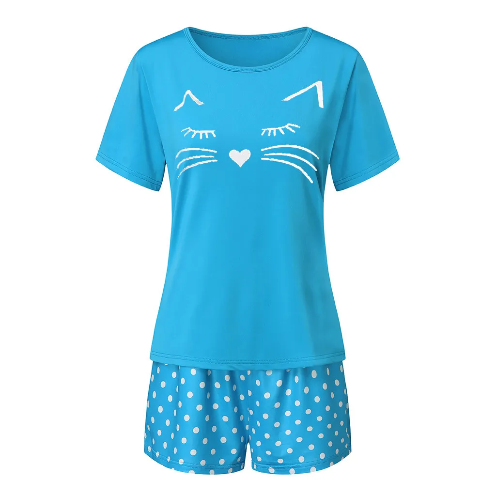 Summer Young Girl Short Sleeve Pajamas Set For Women Cute Cat Nightshirt Casual Home Service Sleepwear Suit Homewear 2020 | Женская