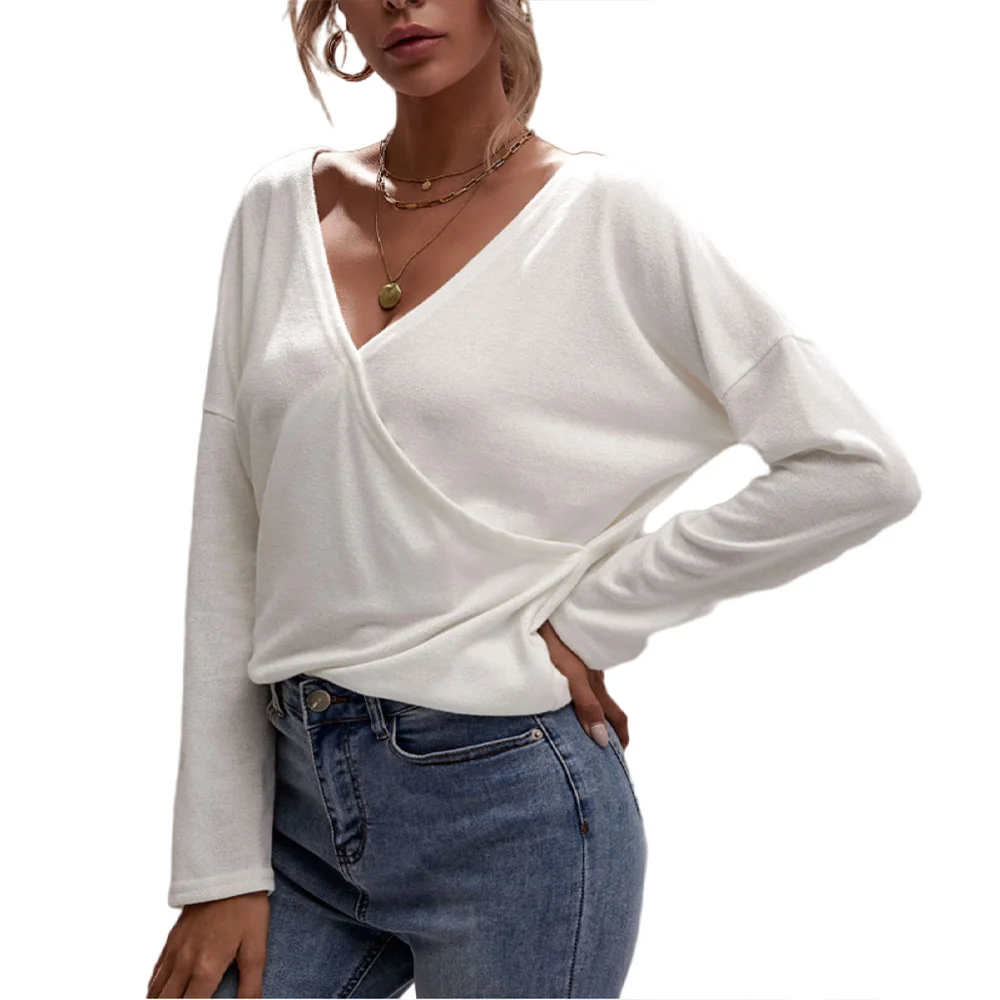 

White T Shirt Female V-neck Tops Autumn Women Clothing Long Sleeve Pullover Loose T-shirt Female Top Woman Tshirts