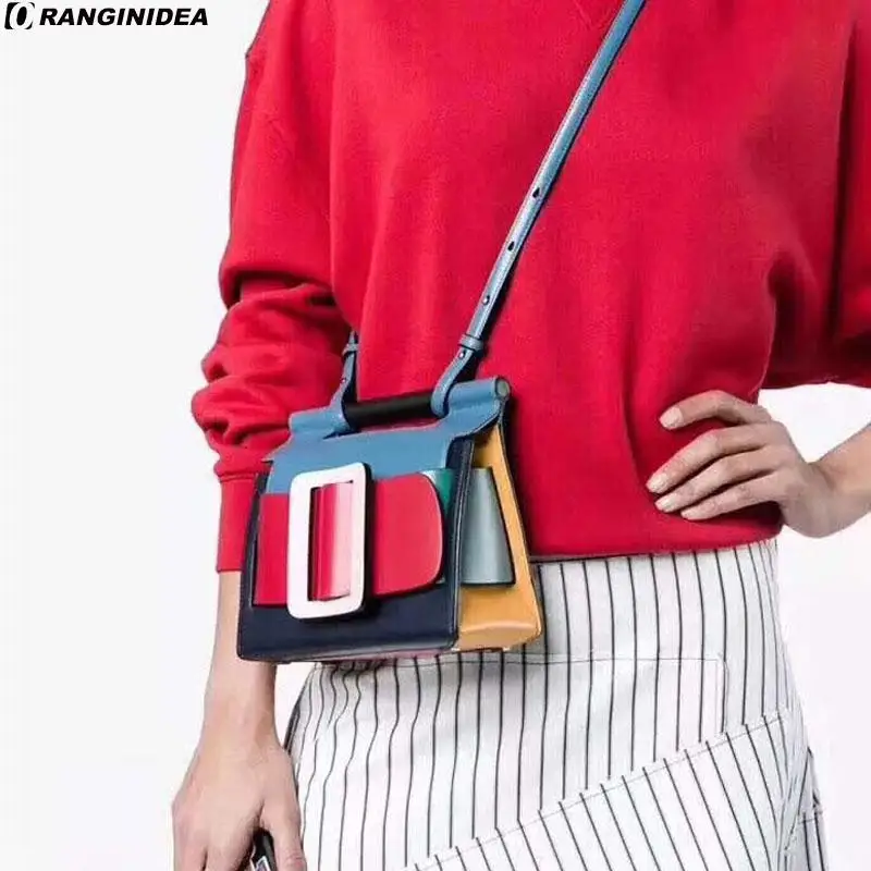 

New Europe And America Luxury Fashion Women Cowhide Leather Handbags Leisure Street Color Matching Buckle Inclined Shoulder Bags