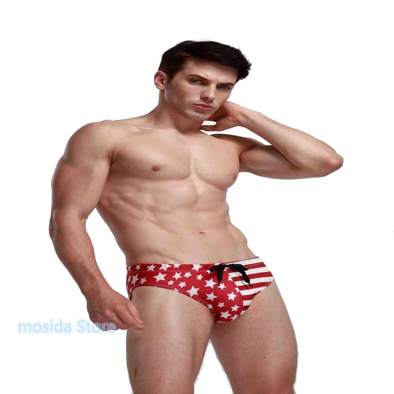 

100pcs New lace-up men's swimming trunks American flag printed beach track pants men's triangle underwear