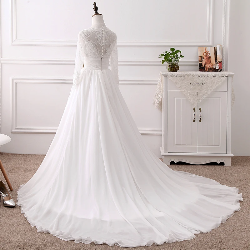 Платье Свадебное ТРАПЕЦИЕВИДНОЕ с длинным рукавом вырезом лодочкой и кружевной