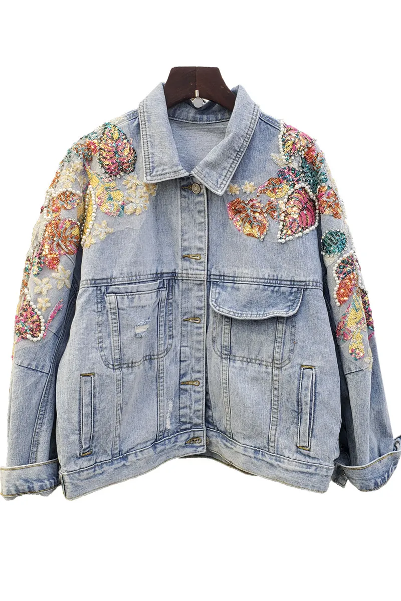

2021 Spring New Rhinestone Beaded Color Sequins Loose Denim Jacket Top for Women Harajuku Jeans Coat Girls Coats Mujer Chaqueta
