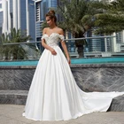Свадебное платье-трапеция, с открытыми плечами и 3D кружевом, с кристаллами, эластичное, с завышенной талией