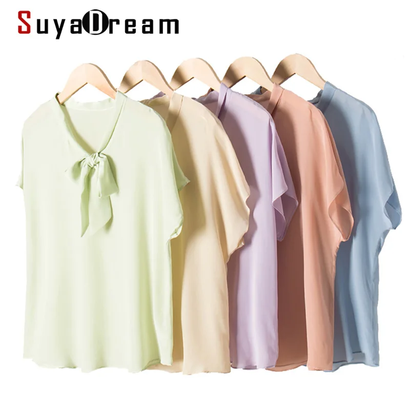 SuyaDream Korean Stye Solid Blouse Women 100% Real Silk Bat Sleeves Bow Collar Blouse Shirt 2020 Summer Silk Shirts