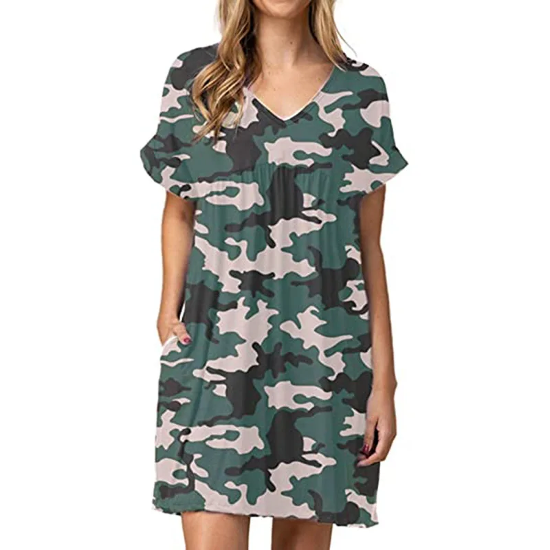 

Женское платье с коротким рукавом, V-образным вырезом и карманами