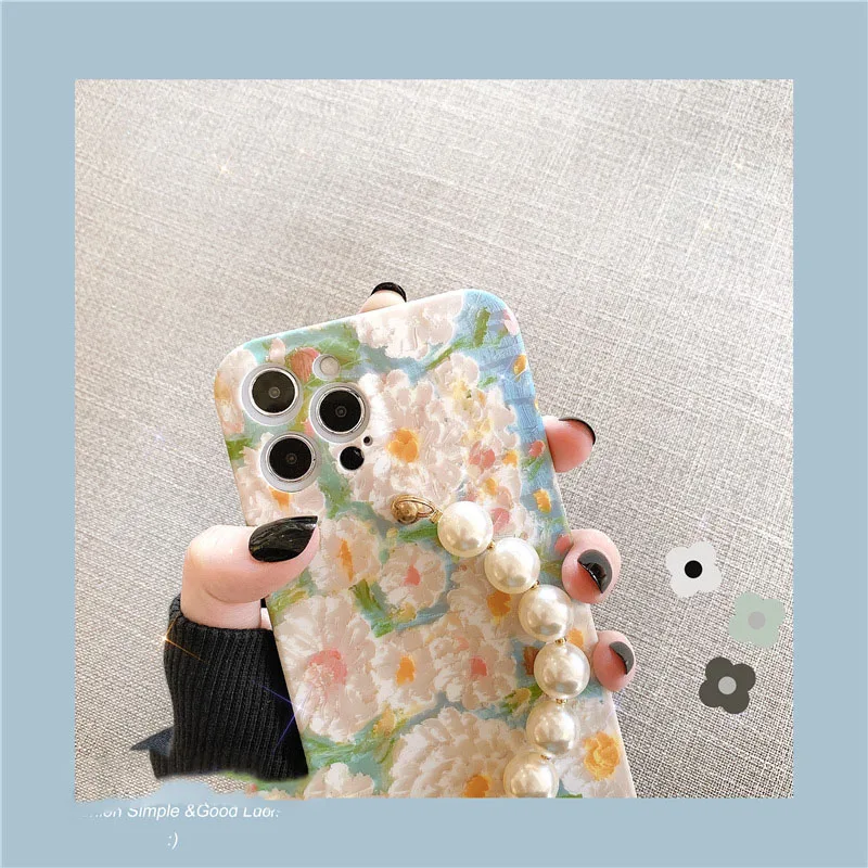 

Oil painting flower pearl bracelet for iPhone12/11promax apple xs/xr mobile phone shell 78plus silicone