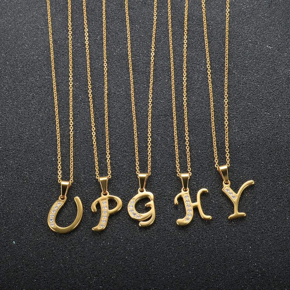 

Simple Initial A-Z Letter Necklace For Women High Quality Gold Plated Stainless Steel Crystals Clavicle Chain Necklaces Jewelry