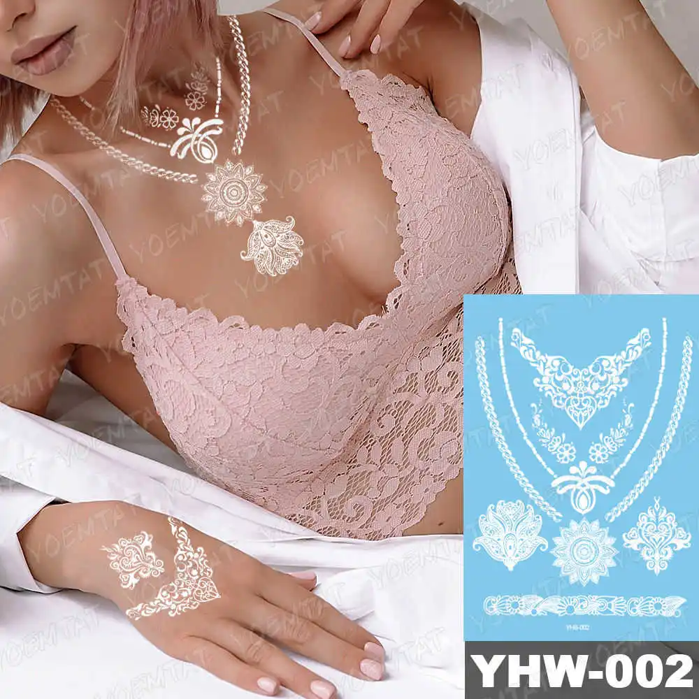 05-YHW-002 Индийский арабский разрабатывает временные водонепроницаемые татуировки наклейки Кружева белые татуировки для невесты поддельные татуировки Мандала искусство тела ручной чокер - Цвет: 05-YHW-002