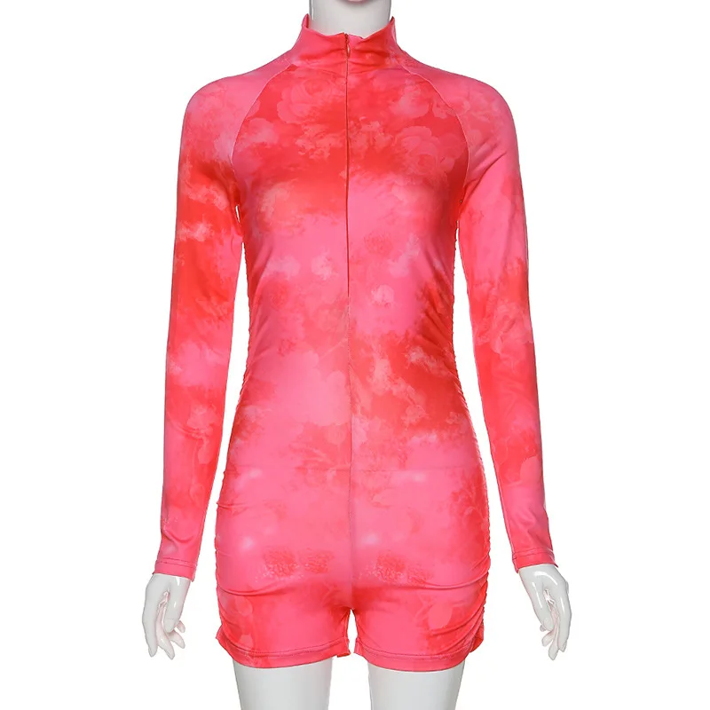 

Skinny Women Zipper Playsuits Sexy Rompers Clubwear Print Full Sleeve Sportwear Turtleneck 2020 Fashion Female Slim Casual