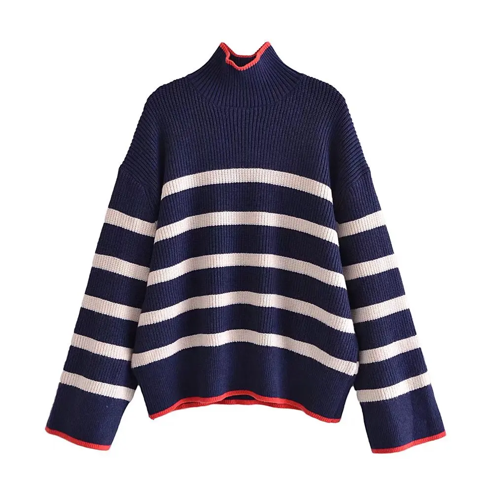 

Pinkou Women Fashion Striped Sweater Long Sleeve Mock Neck Basic Pullover Knitwear Winter Autumn Warm Tops HA159