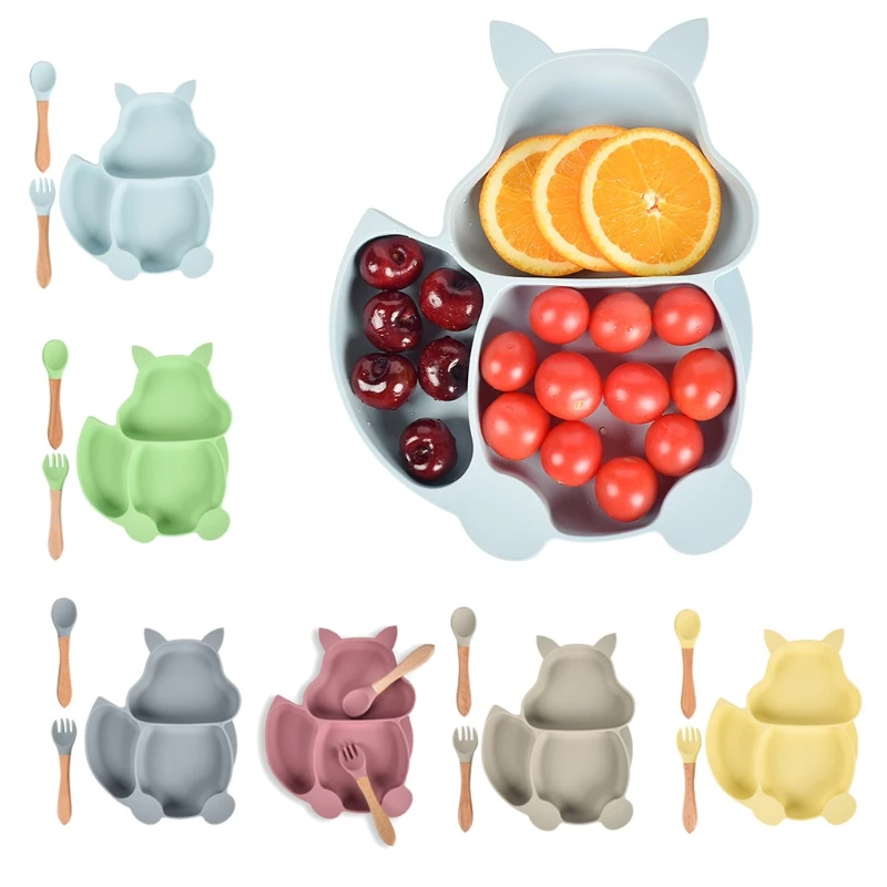 

Nordic BPA Free Silicone Non-slip Squirrel Shape Sucker Training Plate Bowl Baby Shower Gift Fork Spoon Feeding Set