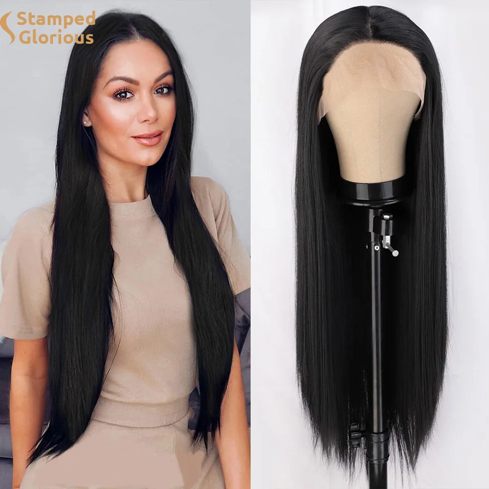 

Lativ Synthetic LaceBlack Long Straight Front Wig For Black Women Middle Part Lace Wig Heat Resistant Hair