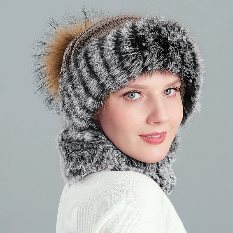 

HT3271 Thick Warm Women Hat Scarf Set Winter Accessories High Quality Beanie Hat with Scarf Ladies Real Rabbit Fur Beanie Hat
