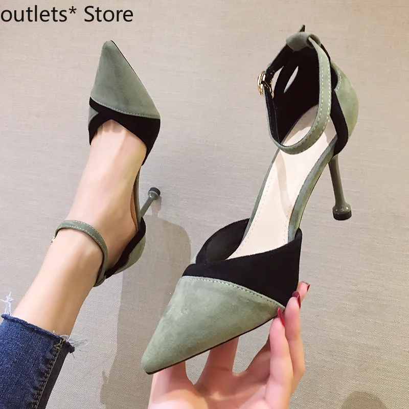 

Summer New High-heeled Shoes Color-block Suede Women's Shoes Point-toe Thin Heel Hollow Buckle Single Shoes