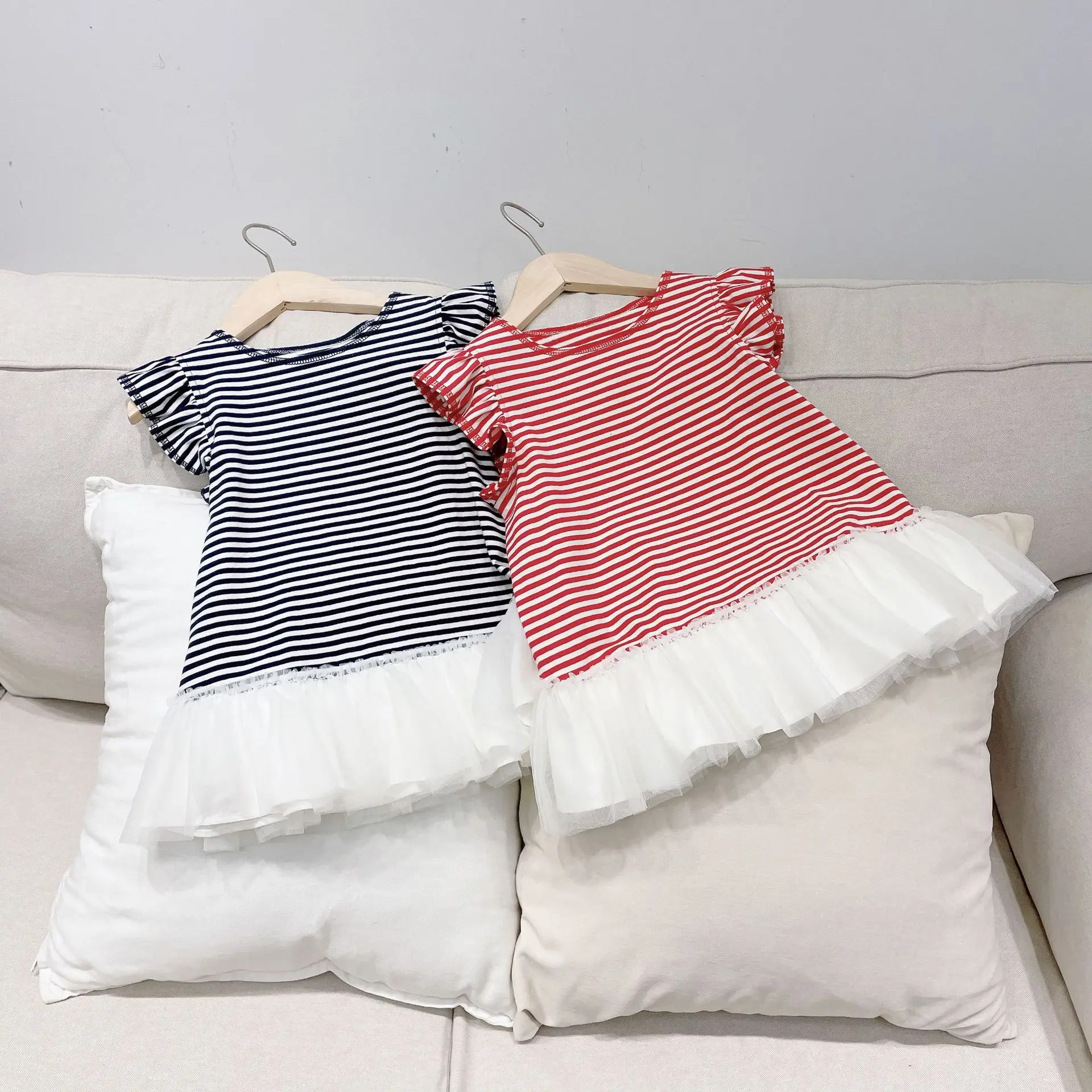 

kids tops summer French flying sleeves Striped crew neck top baby girls clothes cotton sweet baby clothes