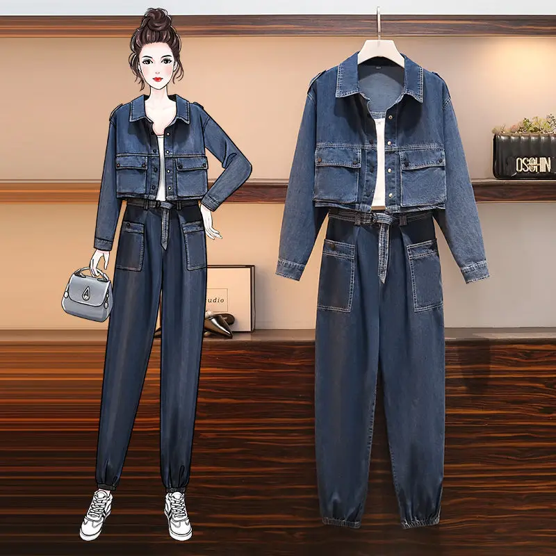 

Костюм женский джинсовый свободного покроя, куртка из денима и джинсы Харлан, винтажный комплект из двух предметов, M-4XL, aq619, осень 2021