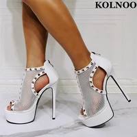 kolnoo new classic ladies stiletto heel sandals air mesh peep toe sexy platform rivets studded evening fashion party prom shoes