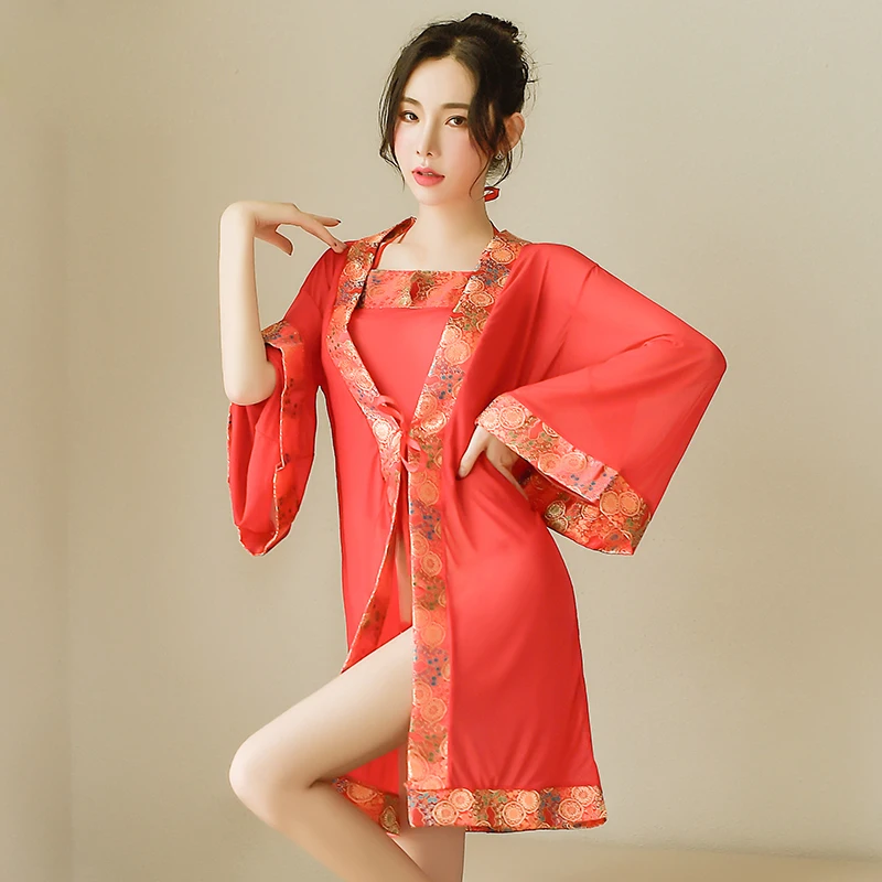 

New red perspective bride kimono bathrobe mesh girth T pants + nightgown nightdress set 3 piece set