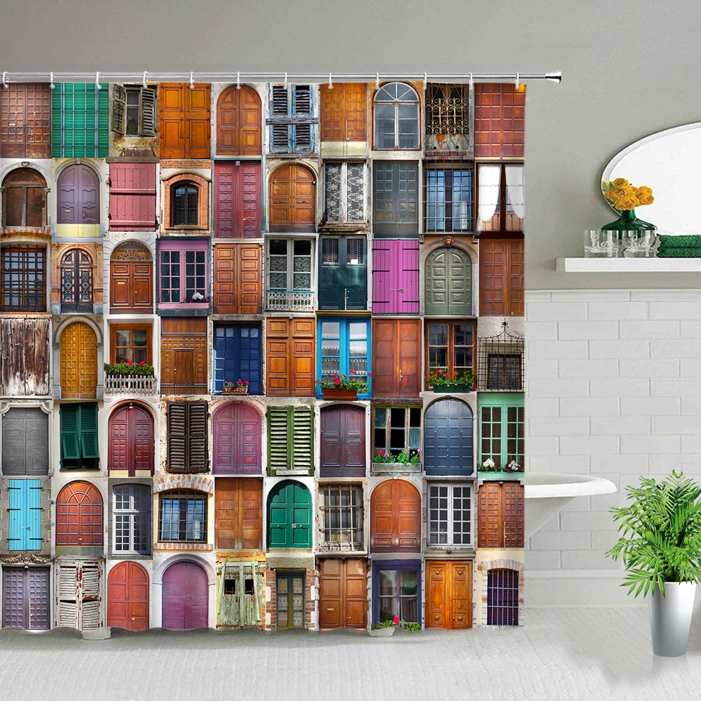 

Vintage Design Color Gate Geometric Pattern Shower Curtains Waterproof Fabric Background Wall Decor Bathroom Curtain With Hooks