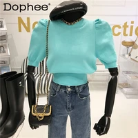 womens puff sleeve sweater summer all match new korean style knitted sweater elegant slim fit round neck candy colortop