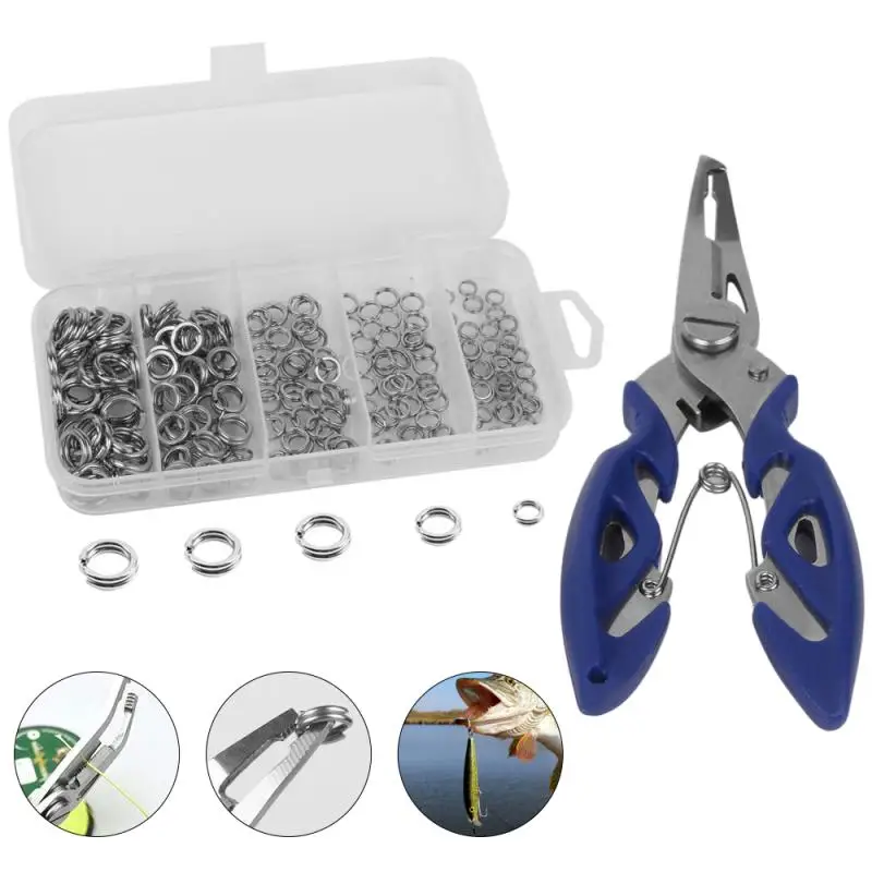 

200PCS Fishing Lures Tackle Set with Fishing Pliers Split Rings Scissors Fishing Tackle 5mm/6mm/7mm/8mm/9mm with Plastic Case