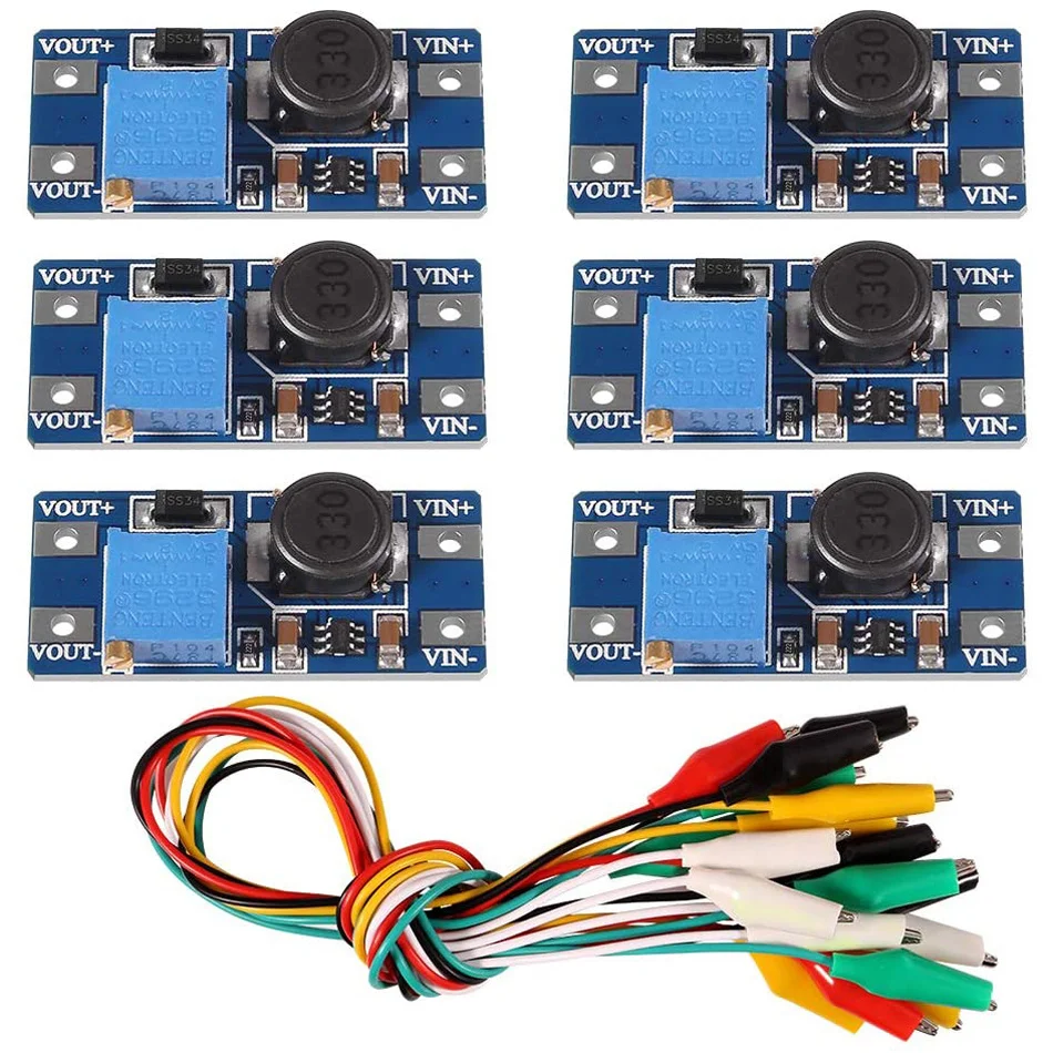 

6pcs/lot MT3608 DC To DC Step Up Converter Regulator Voltage Boost Converter USB Power Supply Module With 10PCS Alligator Clip