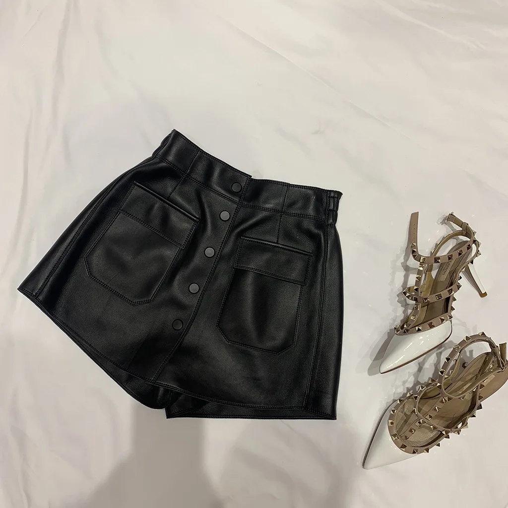 Юбка-кюлот из натуральной кожи с завышенной талией и карманами | Юбки
