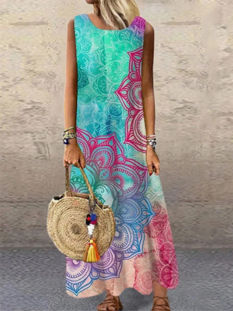 

2021 Women Trending Long Dress Summer Ladies Sleeveless Maxi Robes Crewneck Loose 3D Print Casual Vestidos Female Beach Wear