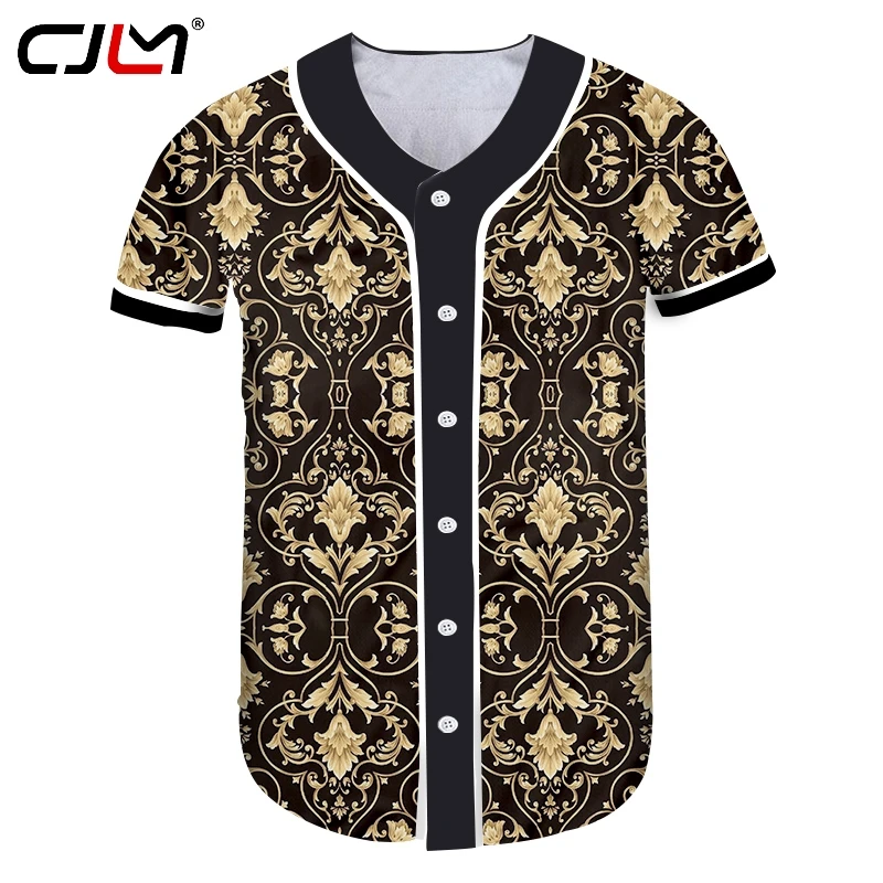 

CJLM Baseball Shirt Men Slim Fit Baroque 3D Printing Luxury Golden Pattern Casual Plus Size 5XL 6XL Tops Tees Unisex Tops