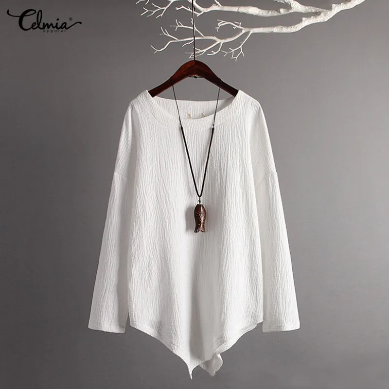 

2021 Spring Long Sleeve Harajuku Tops Celmia Women Vintage Cotton Blouses S-5XL Plus Size Shirts Asymmetric Casual Loose Blusas