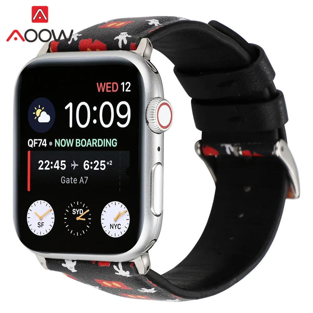 Кожаный ремешок для часов с мультяшным принтом для Apple Watch 40 мм 44 мм 38 мм 42 мм Микки браслет с подвеской в виде мыши ремешок для iWatch 1 2 3 4