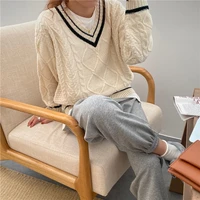 women black twist knitted sweater sungtin vintage v neck pullovers casual warm solid loose jumpers korean chic preppy harajuku