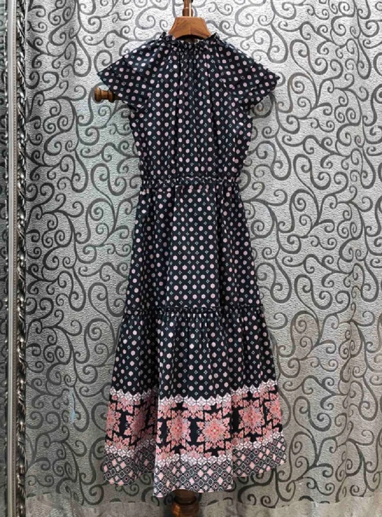 

100%Cotton Dress 2020 Spring Summer Style Women Tassel String Deco Chic Print Short Sleeve Mid-Calf Length Party Vintage Dresses