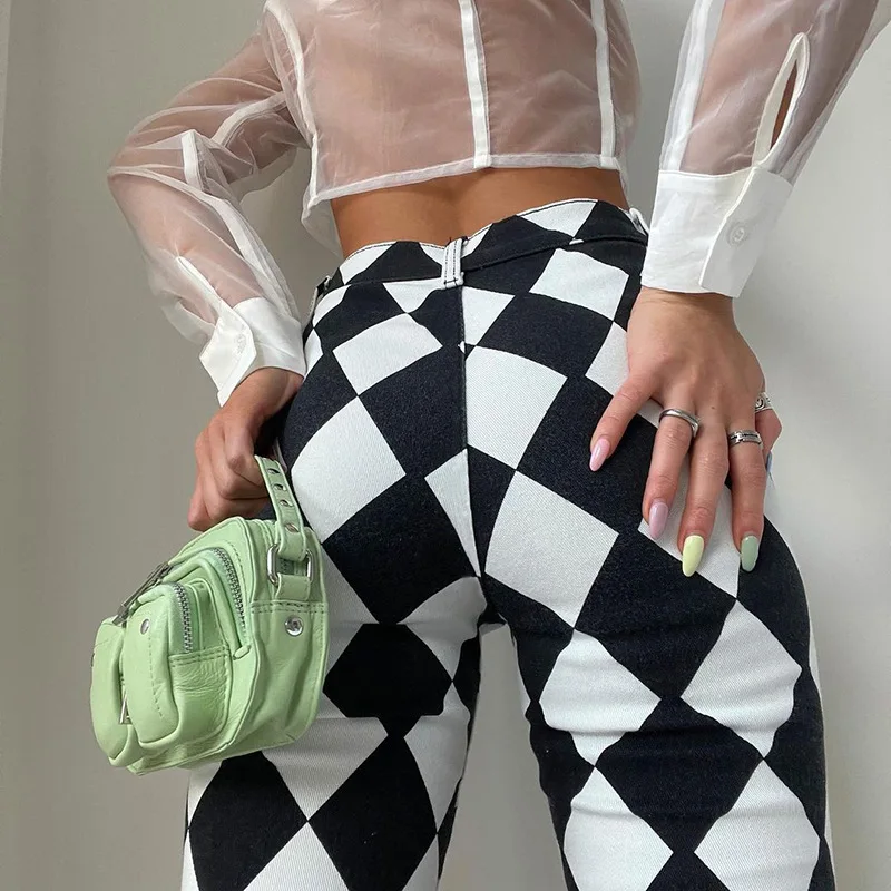 

2021 New Chessboard Plaid Printed Casual Women's Trousers Hip Lifting Wide-Leg Pants Autumn