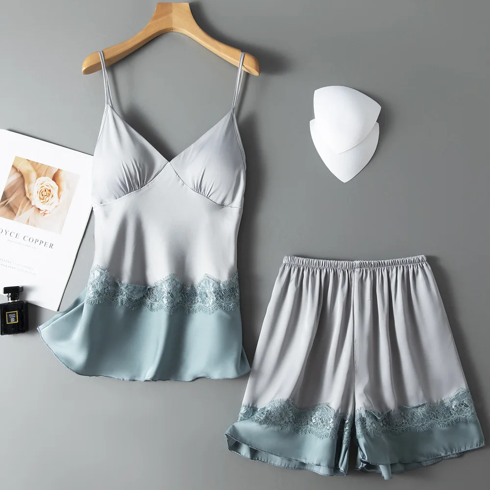 

Summer Satin Lady Cami&Shorts Set Sexy Pajamas Two Pieces Suit Lace Home Clothes With Bras Sleepwear Loose V-Neck Loungewear